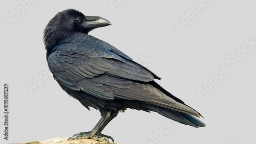 Black raven isolated on white background, crow cutout in empty backdrop