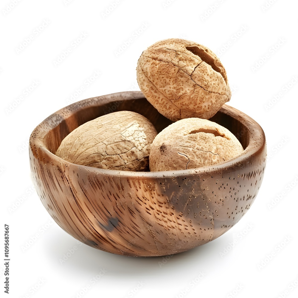 Full of Nutmeg in wooden bawl is on isolated white background Full of Nutmeg in wooden bawl is on isolated white background