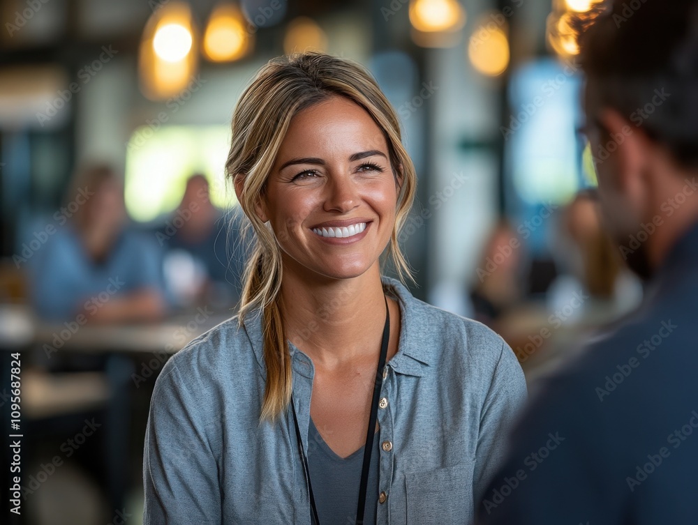 Smiling Woman Engaged in Conversation at a Modern Cafe with Soft Lighting, Creating a Warm and Inviting Atmosphere for Social Interaction and Connection Smiling Woman Engaged in Conversation at a Modern Cafe with Soft Lighting, Creating a Warm and Inviting Atmosphere for Social Interaction and Connection