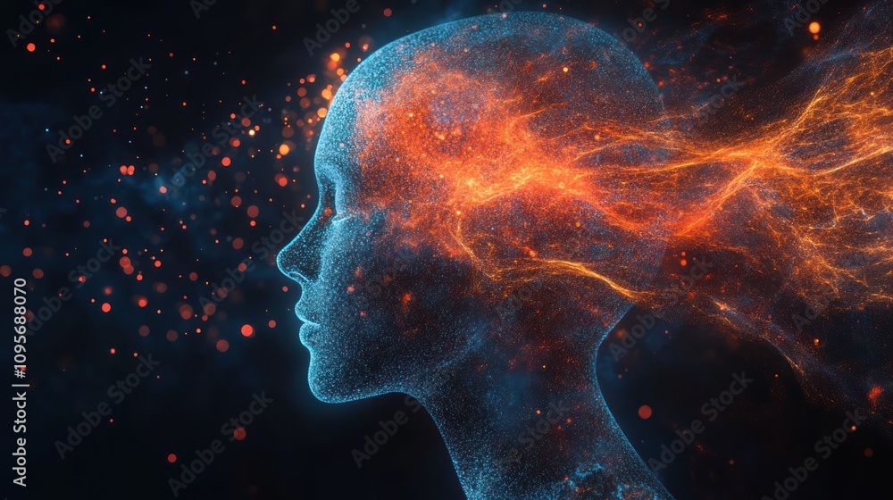 A digital representation of a human head with colorful energy and particles emanating from it. A digital representation of a human head with colorful energy and particles emanating from it.