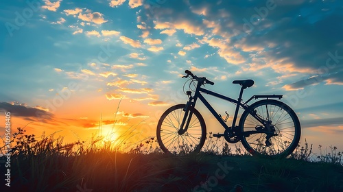 A silhouette of a bicycle against a vibrant sunset sky, symbolizing adventure and freedom in nature.