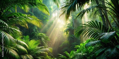 Lush Tropical Rainforest Scene with Sunbeams Filtering Through Canopy