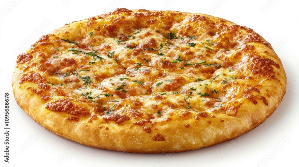Cheesy Italian pizza with golden crust, fresh tomato sauce, and herbs, isolated on a white background Cheesy Italian pizza with golden crust, fresh tomato sauce, and herbs, isolated on a white background