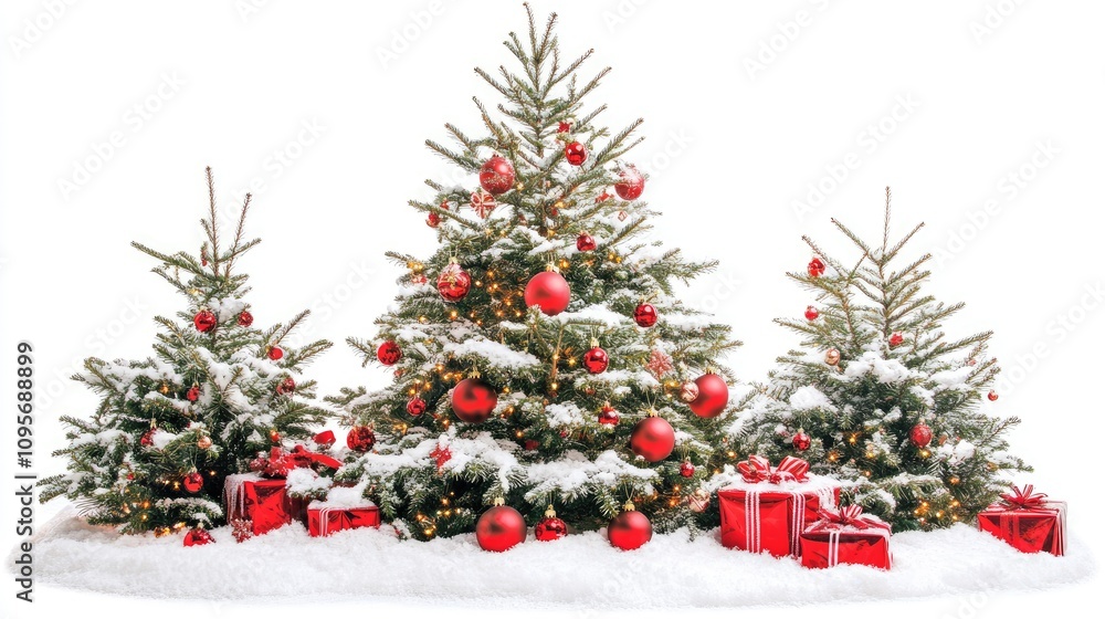 Christmas tree with snow-dusted branches and festive decorations, standing tall on a white background Christmas tree with snow-dusted branches and festive decorations, standing tall on a white background