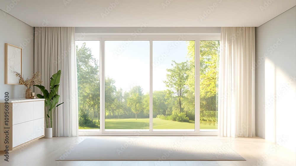 Fototapeta premium Bright living room with large windows sunny outdoor views contemporary style tranquil setting
