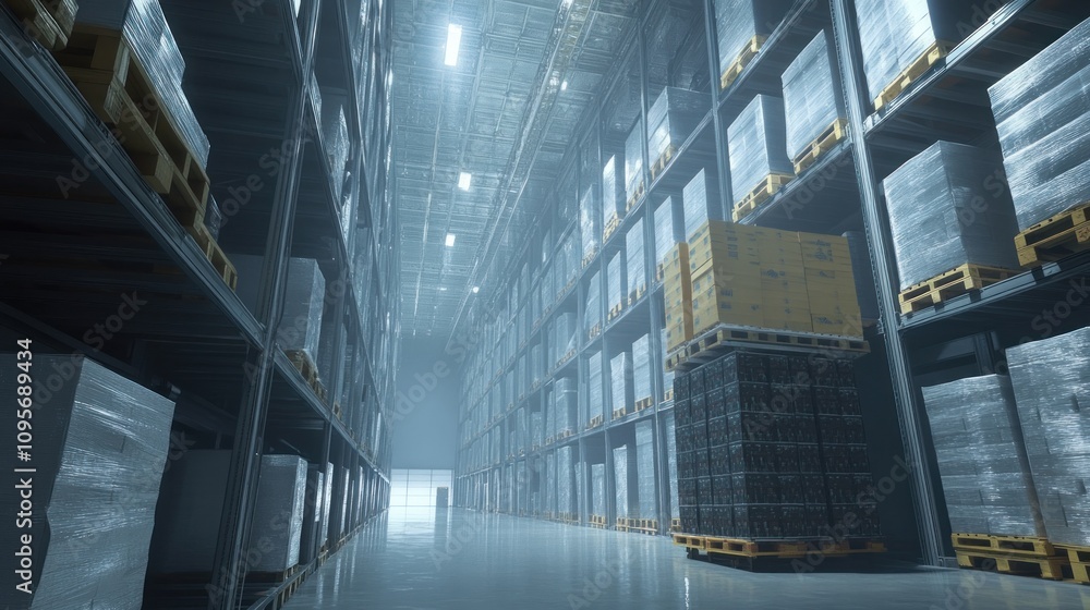 Stacker crane in a high-rise warehouse, lifting pallets to upper levels, vast storage space, clean and bright Stacker crane in a high-rise warehouse, lifting pallets to upper levels, vast storage space, clean and bright