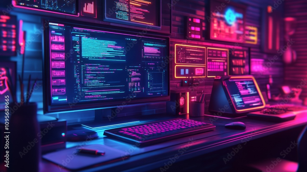 Futuristic programmer's workspace with vibrant neon lighting, multiple monitors displaying code and data. Futuristic programmer's workspace with vibrant neon lighting, multiple monitors displaying code and data.