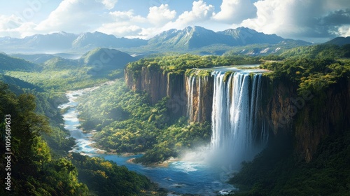 A serene waterfall cascading into a lush valley surrounded by mountains and greenery.