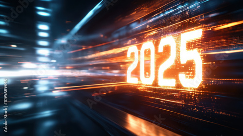 A futuristic depiction of the year 2025 with glowing numbers and motion effects.