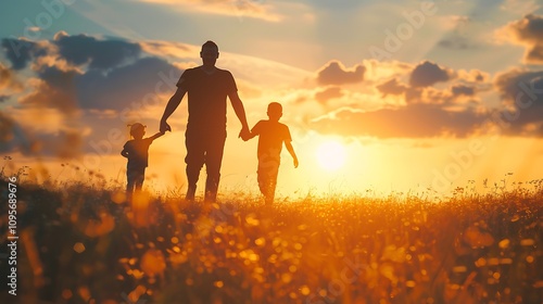 A silhouette of a parent and two children walking hand in hand through a field during sunset, symbolizing family and togetherness.