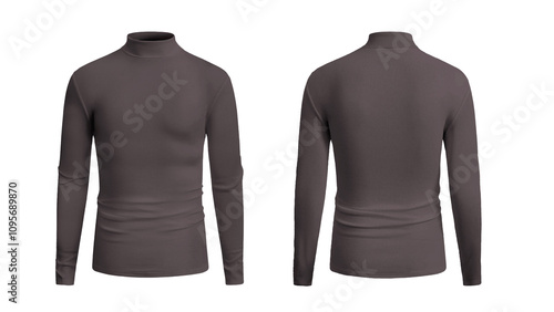 Front and back views present a dark brown longsleeved turtleneck shirt.