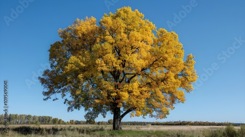 A linden tree with bright yellow foliage under a clear blue autumn sky.