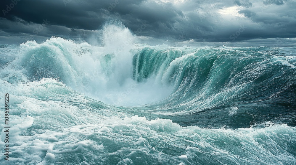 A dramatic ocean scene featuring powerful waves and stormy skies. A dramatic ocean scene featuring powerful waves and stormy skies.