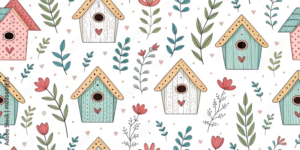 Hand drawn seamless pattern with hand drawn cute birdhouses and cute birds on white background, concept bird protection, bird day, spring arrival, for printing on packages and fabric. Hand drawn seamless pattern with hand drawn cute birdhouses and cute birds on white background, concept bird protection, bird day, spring arrival, for printing on packages and fabric.