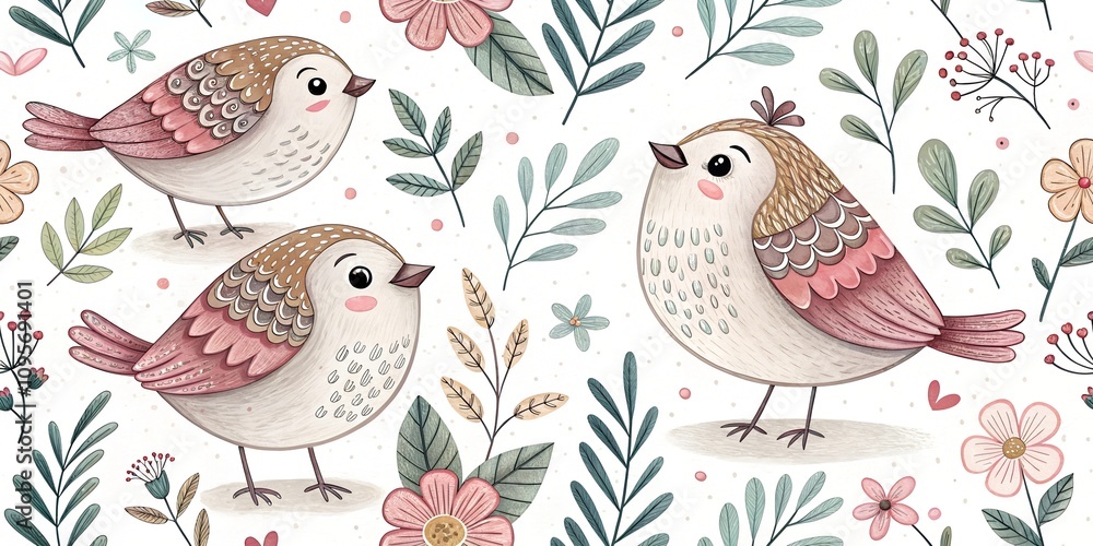 Hand drawn seamless pattern with hand drawn cute birdhouses and cute birds on white background, concept bird protection, bird day, spring arrival, for printing on packages and fabric. Hand drawn seamless pattern with hand drawn cute birdhouses and cute birds on white background, concept bird protection, bird day, spring arrival, for printing on packages and fabric.