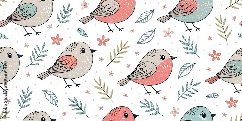 Fototapeta premium Hand drawn seamless pattern with hand drawn cute birdhouses and cute birds on white background, concept bird protection, bird day, spring arrival, for printing on packages and fabric.
