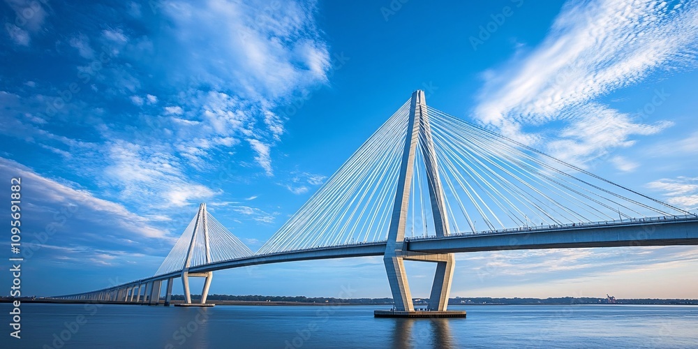 Naklejka premium modern highway overpass against a vibrant blue sky with scenic white clouds.