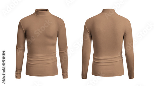 Two brown ribbed longsleeved turtlenecks are presented front and back.