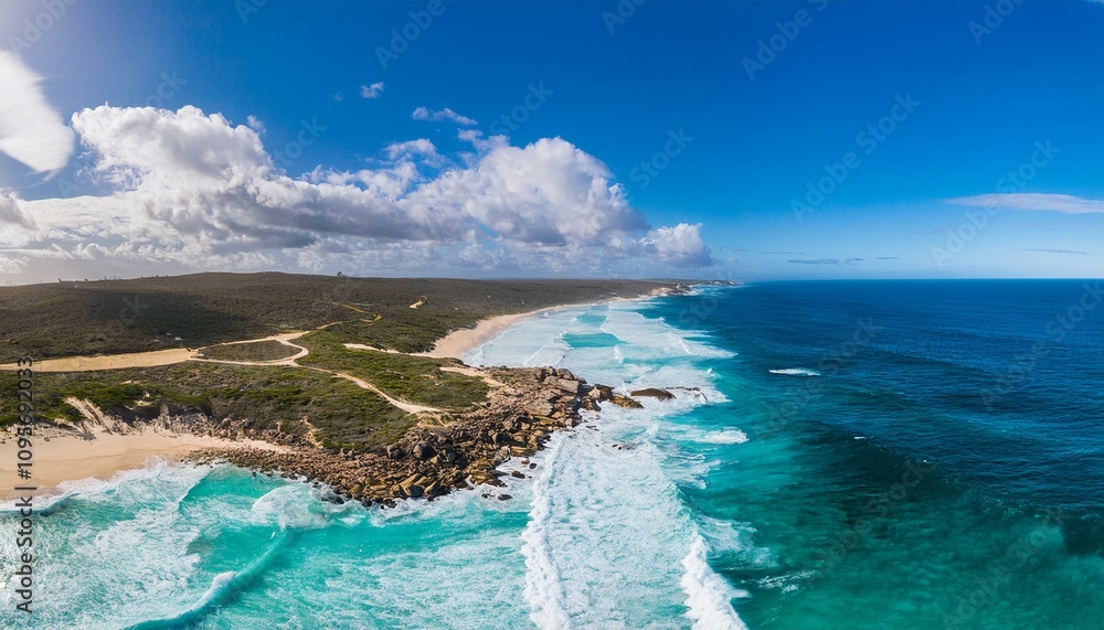 Fototapeta premium Waves crash against rugged cliffs with power.