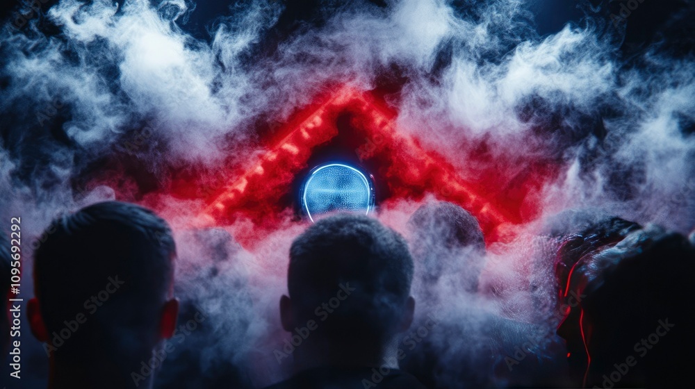 Naklejka premium Mysterious Crowd Enveloped in Smoke and Neon Light
