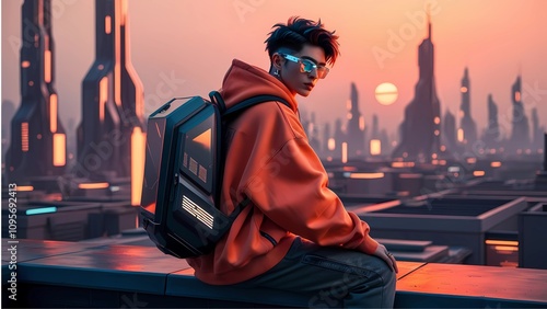 Cyberpunk Sunrise: Futuristic Urban Explorer in Vibrant Orange Glow