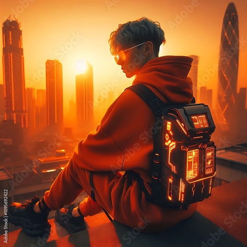 Cyberpunk Sunrise: Futuristic Urban Explorer in Vibrant Orange Glow