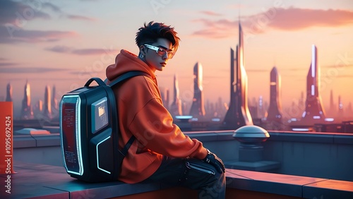 Cyberpunk Sunrise: Futuristic Urban Explorer in Vibrant Orange Glow