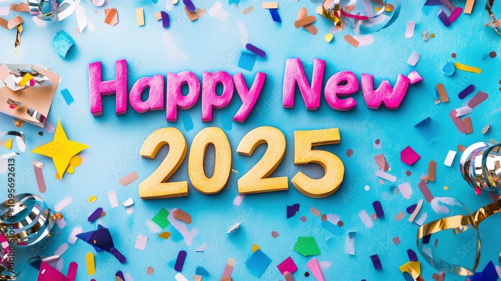 Bright and festive New Year 2025 illustrated with vibrant colors and a watercolor effect on textured paper, surrounded by cheerful confetti. Bright and festive New Year 2025 illustrated with vibrant colors and a watercolor effect on textured paper, surrounded by cheerful confetti.