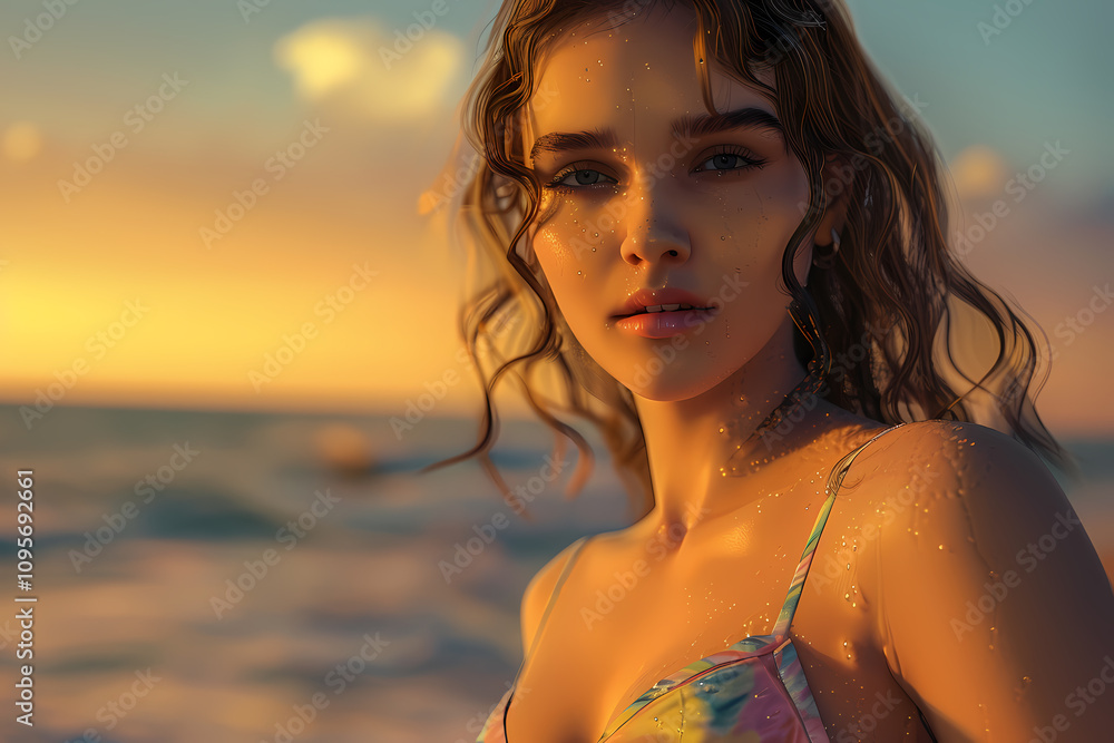 A young Caucasian woman with wavy hair stands beachside at sunset, her skin glistening with water droplets, exuding a serene beauty. A young Caucasian woman with wavy hair stands beachside at sunset, her skin glistening with water droplets, exuding a serene beauty.