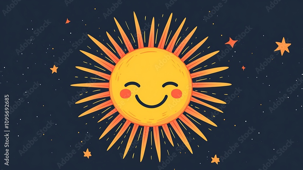 Happy Smiling Sun Among Twinkling Stars In Space Happy Smiling Sun Among Twinkling Stars In Space
