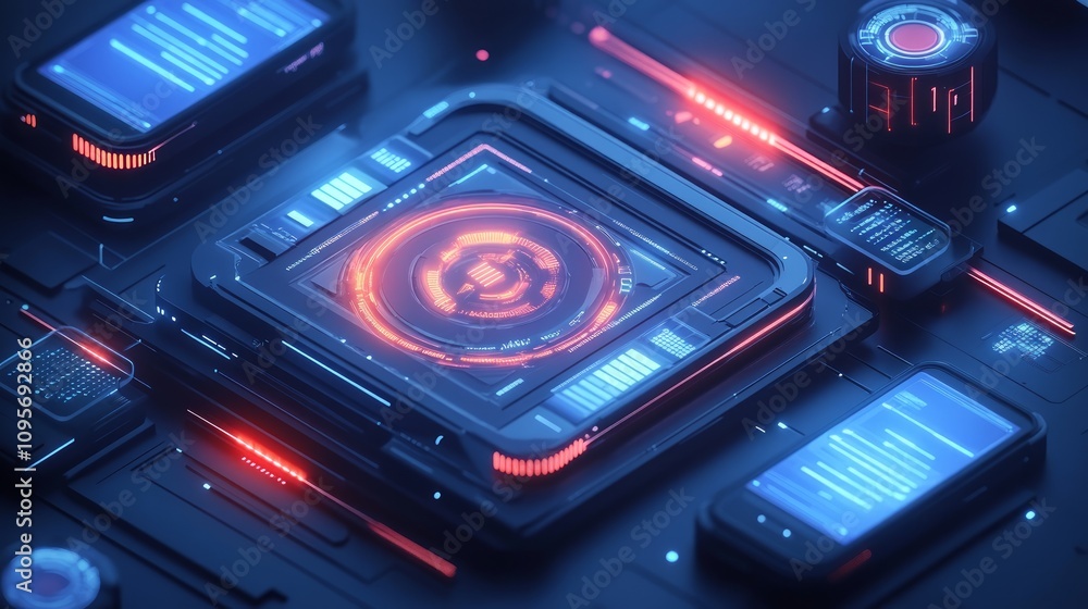 Futuristic tech interface with glowing elements and digital devices. Futuristic tech interface with glowing elements and digital devices.