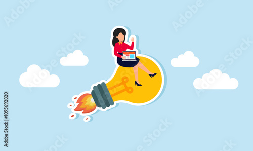 A businesswoman holding a laptop sits on a rocket-shaped lamp flying into the sky, illustration of designing and analyzing the right business ideas and innovations