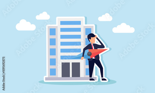 A businessman holding a compass needle stands beside office buildings, illustration of confusion in determining company business policy direction
