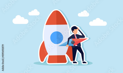 A businessman holding a compass needle stands beside a rocket, illustration of confusion in determining the direction of startup business policy