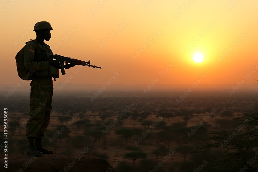 A soldier stands guard silhouetted against a sunset in a vast landscape. A soldier stands guard silhouetted against a sunset in a vast landscape.