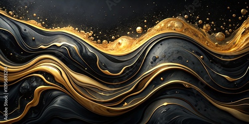 Abstract Black and Gold Liquid Swirls with Golden Spheres