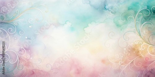 Pastel Watercolor Background with Delicate Floral Swirls and Soft Cloud Shapes