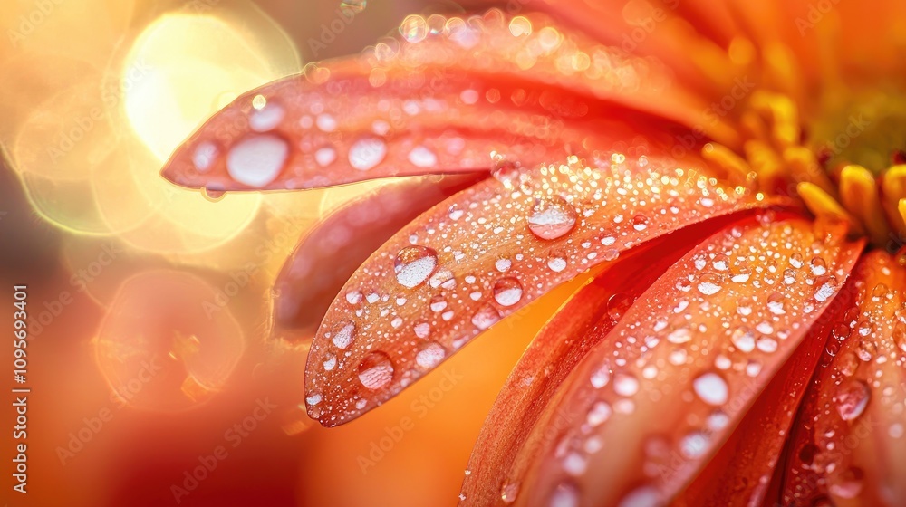 Dew drops on a flower petal, reflecting light and creating a sparkling effect Dew drops on a flower petal, reflecting light and creating a sparkling effect