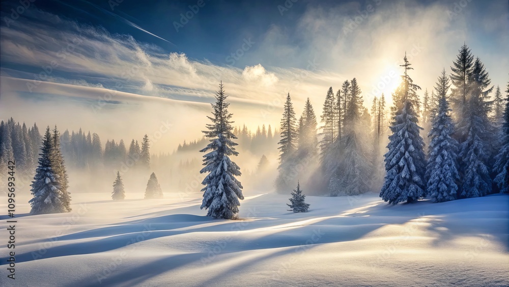 Serene Winter Sunrise in a Snow-Covered Forest with Majestic Evergreens Serene Winter Sunrise in a Snow-Covered Forest with Majestic Evergreens