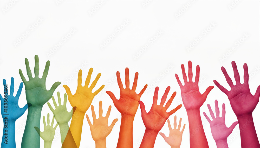 Colorful raised hands expressing unity and diversity Colorful raised hands expressing unity and diversity