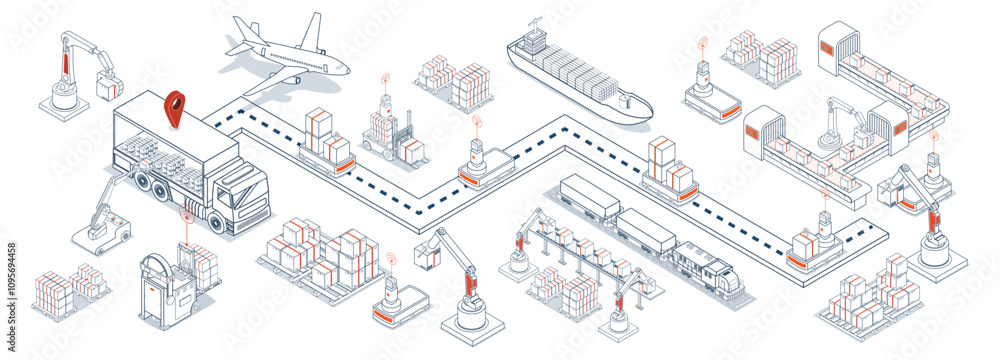 An integrated global logistics network combining air, road, and maritime transport with automated warehousing, robotic systems, and intelligent inventory management. Vector illustration EPS 10 An integrated global logistics network combining air, road, and maritime transport with automated warehousing, robotic systems, and intelligent inventory management. Vector illustration EPS 10