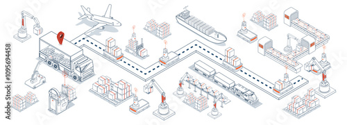 An integrated global logistics network combining air, road, and maritime transport with automated warehousing, robotic systems, and intelligent inventory management. Vector illustration EPS 10