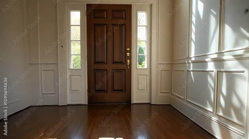 Elegant hallway with wooden flooring and bright sunlight streaming through the front door in a residential home Elegant hallway with wooden flooring and bright sunlight streaming through the front door in a residential home