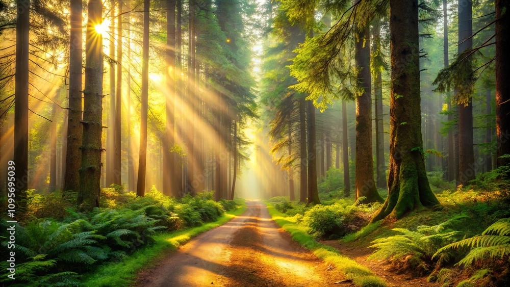 Obraz premium Sunlit Path Through a Misty Forest of Tall Trees with Lush Green Undergrowth
