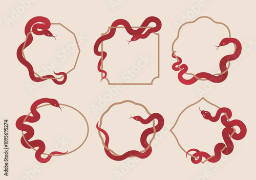 A set of designs featuring snake and border patterns, Year of the Snake symbols along with new year decorations and elements. Chinese style frames, symbols, and labels in vector illustrations.
