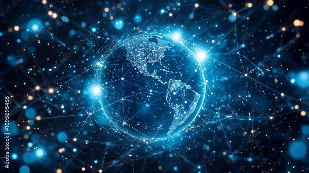 Obraz premium Global network connection, digital world, illuminated earth.