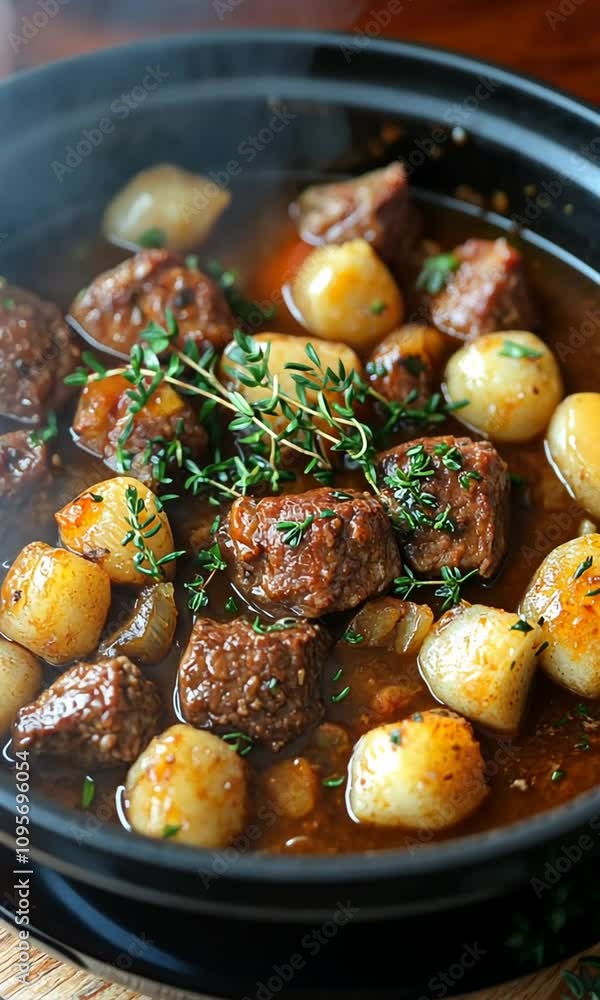 A hearty dish featuring tender beef, potatoes, and herbs in a savory sauce. A hearty dish featuring tender beef, potatoes, and herbs in a savory sauce.