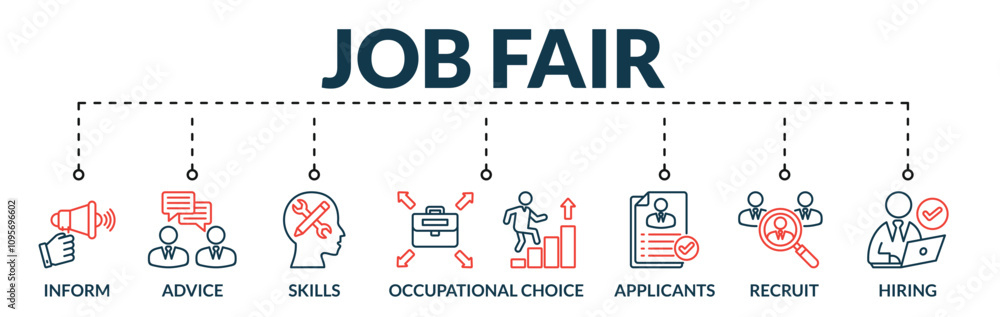 Banner of job fair web vector illustration concept with icons of inform, advice, skills, occupational choice, applicants, recruit, hiring Banner of job fair web vector illustration concept with icons of inform, advice, skills, occupational choice, applicants, recruit, hiring