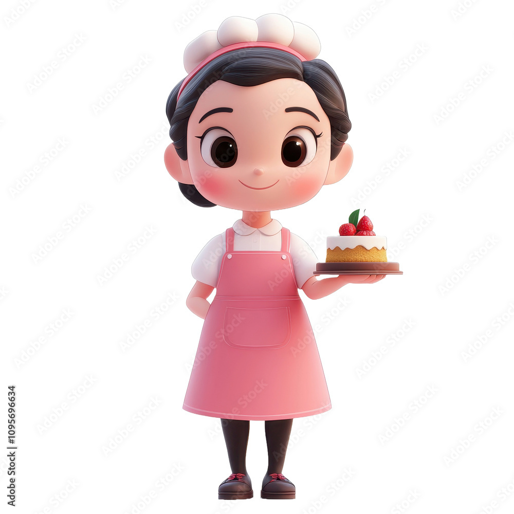 Adorable Cartoon Girl Baker Holding Strawberry Cake Adorable Cartoon Girl Baker Holding Strawberry Cake