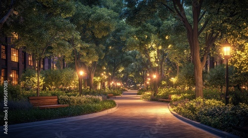 A serene, illuminated pathway in a lush park, inviting evening strolls and relaxation.